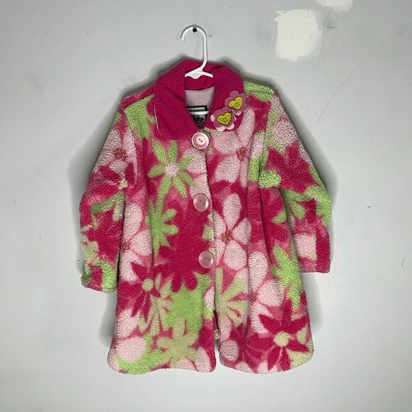 CORKY & COMPANY Pink / White / Green Teddy Style Button Front Floral Coat 4/5 - Picture 1 of 4